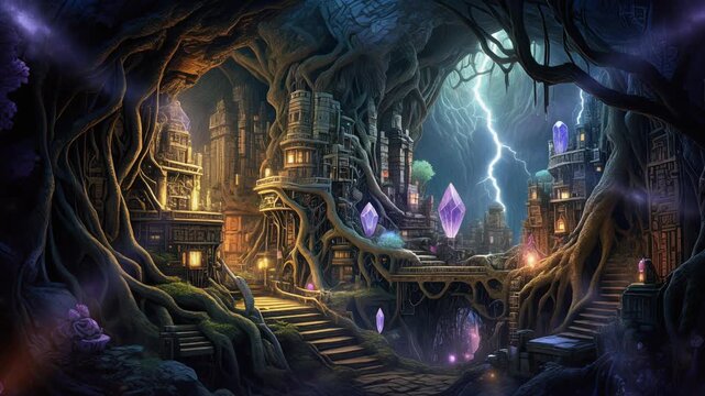 Mystical Fantasy Castle in Dark Forest.