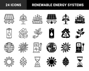 Sustainable energy hybrid icons featuring solar microchips wind turbine leaves and electric vehicle cityscapes in outline and solid styles