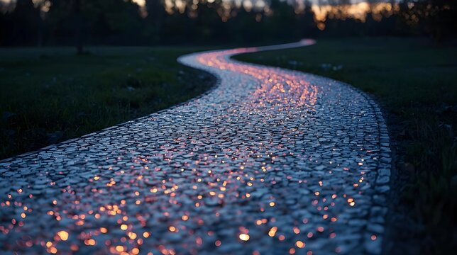 This image features a winding cobblestone path glowing with warm, orange light embers at dusk, leading through a dark, grassy landscape toward a soft sunset horizon.