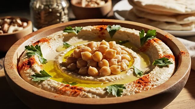 Fresh hummus served with chickpeas, olive oil, and pita bread