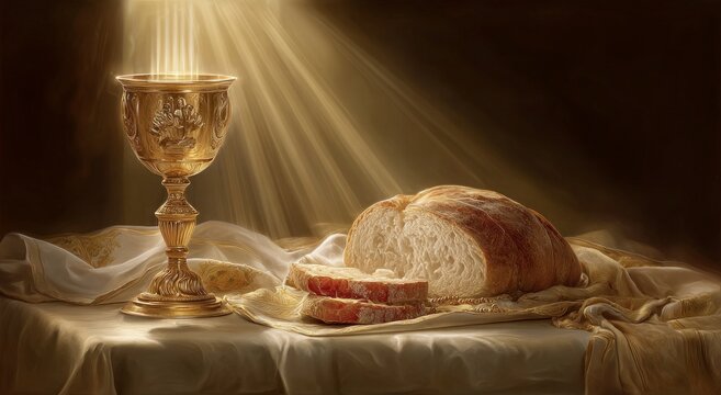 Golden Chalice and Bread Glowing Under Divine Rays on Satin Tablecloth
