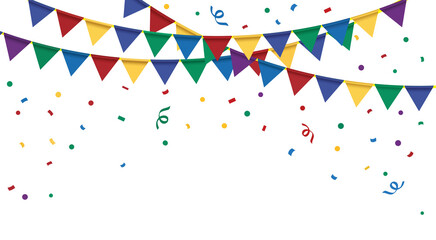 Obraz premium Png hanging triangular flags with confetti. Colorful flags for welcome, party, graduation, invitation, greeting, wedding etc design purpose. Png design element on transparent background