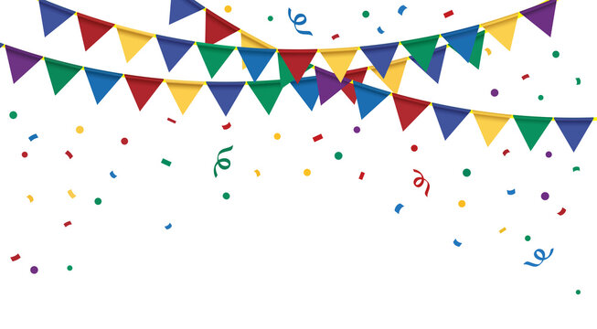 Png hanging triangular flags with confetti. Colorful flags for welcome, party, graduation, invitation, greeting, wedding etc design purpose. Png design element on transparent background