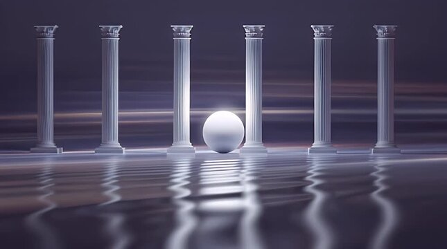 A row of classical pillars stands against a blurred background, their reflections shimmering on a rippled surface. A sphere hovers between pillars