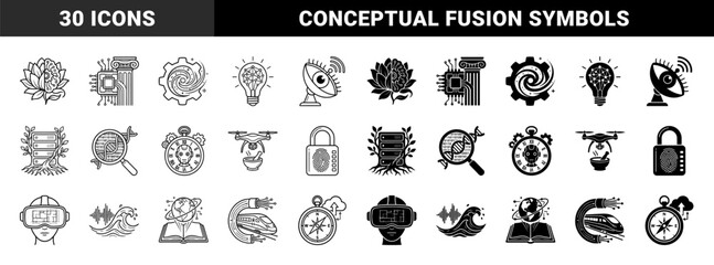 Fototapeta na wymiar Hybrid conceptual symbol set merging natural and mechanical elements with dual outline and solid styles featuring brain lotus and tech architecture