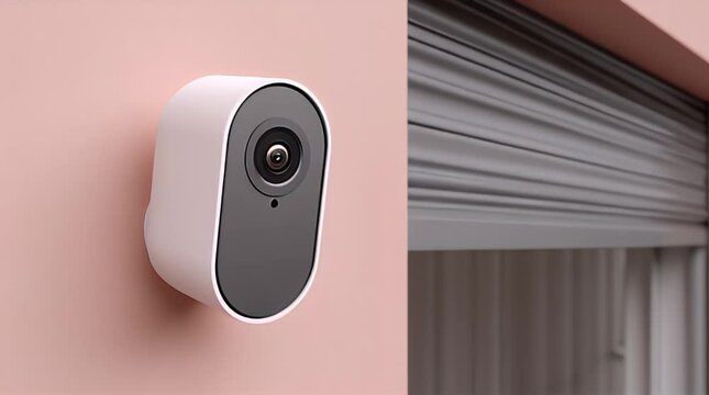 A security camera is mounted on a pink wall, near a grey, horizontally slatted, rolling shutter. The camera is white