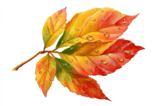 Vibrant autumn leaf showcases the season's chromatic transformation, with realistic water droplets clinging delicately to its surface.