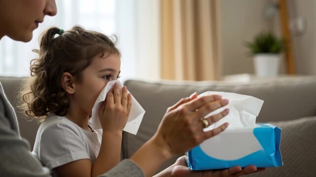 Mother helping sick daughter blow her nose with a tissue. Child with cold or flu symptoms at home