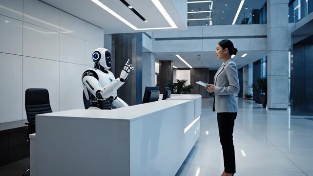 Female business professional interacts with humanoid robot at modern reception desk in a sleek corporate lobby with large windows and contemporary design elements