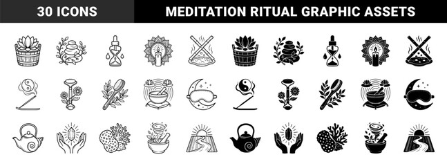 Obraz premium Wellness and Holistic Therapy Symbols Featuring Hybrid Designs of Lotus Buckets Zen Stones Bamboo Incense Burners and Meditation Ritual Elements