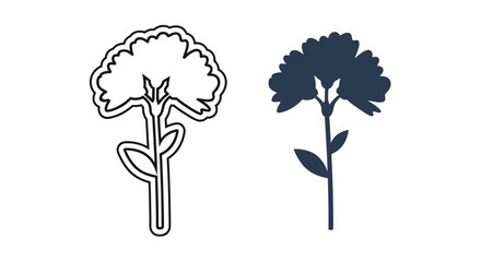 Two carnation flowers one outlined and one dark a bold silhouette
