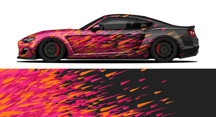 Colorful sports car with vivid paint splatter design on side profile. © Lailatul