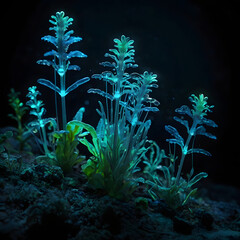 Obraz premium Glowing bioluminescent mushrooms in a dark mystical forest, fantasy flora