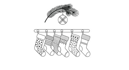 Minimalist black and white line art illustration of Christmas stockings hanging below a pine branch with an ornament design.