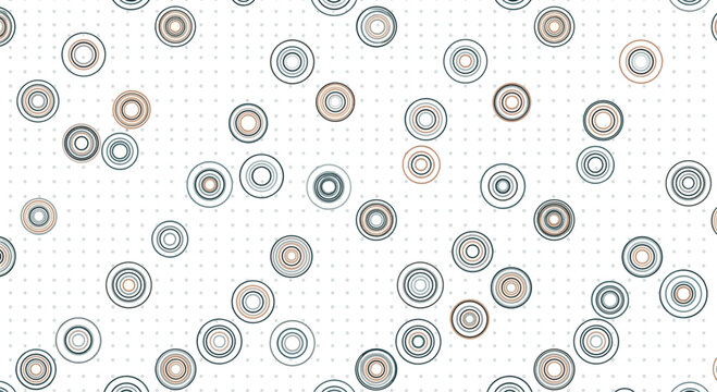 Abstract seamless pattern with blue and brown concentric circles of various sizes scattered over a subtle white dotted background.
