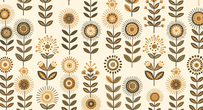 Seamless pattern of stylized folk art flowers in earthy tones of brown and yellow on a light cream colored background.