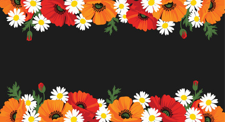 Obraz premium Colorful floral border with red and orange poppies and white daisies on a black background providing ample copy space.