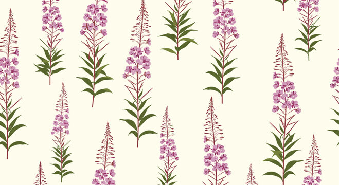 Seamless botanical pattern of tall pink fireweed or rosebay willowherb flowers on a light cream-colored background design.