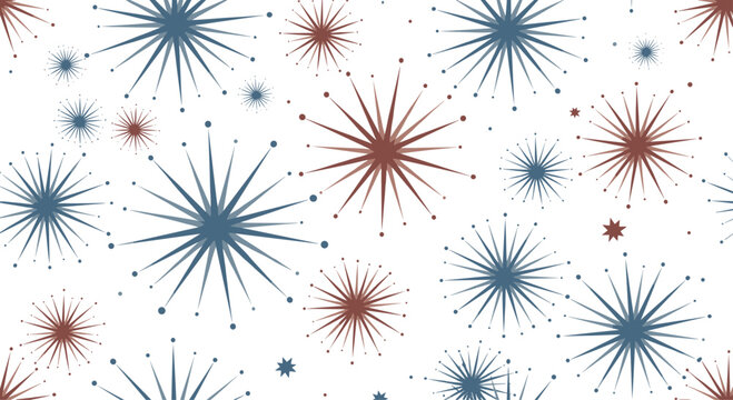 Retro seamless pattern with mid-century modern style starbursts and fireworks in blue and brown on a white background.
