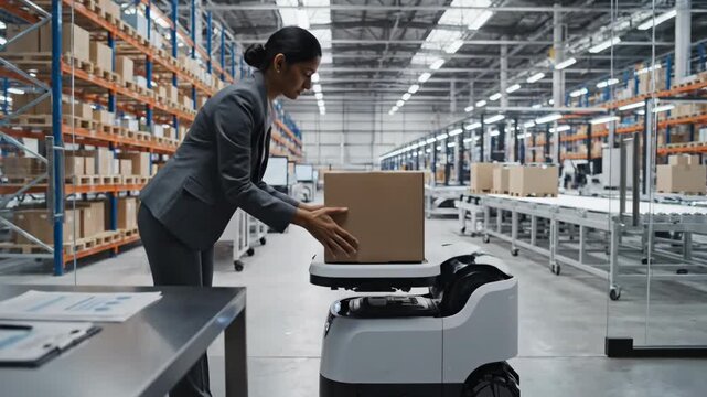 Female warehouse worker in gray suit interacts with autonomous delivery robot, placing a cardboard box onto its platform in a modern logistics facility