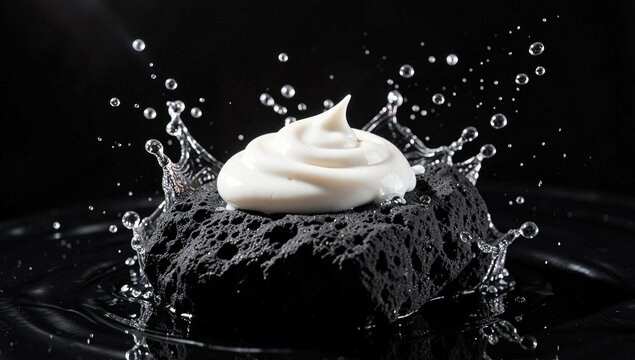 Luxury skincare cream swirl on a dark volcanic roc