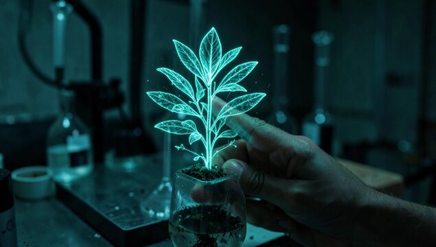 Close-up of a human hand touching a glowing 3D hol