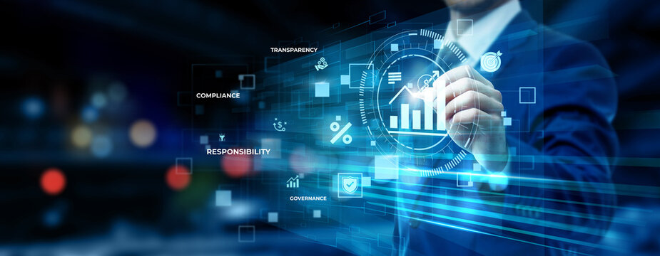 Businessman pointing at accountability management technology on futuristic digital interface screen, corporate governance, compliance monitoring, business ethics, risk control concept