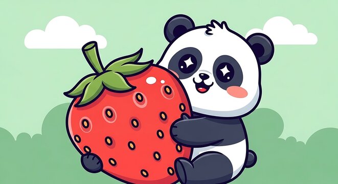 Cute panda bear holding big strawberry.