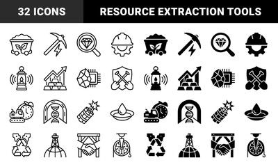Fototapeta premium Hybrid Mining and Industrial Energy Extraction Icons Combining Natural Resources with Sustainable Technology and Heavy Equipment Symbols in Dual Outline and Solid Styles