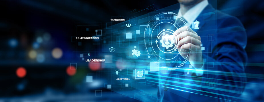 Businessman pointing at change management technology on futuristic digital interface screen, organizational transformation strategy, business adaptation process, leadership planning concept