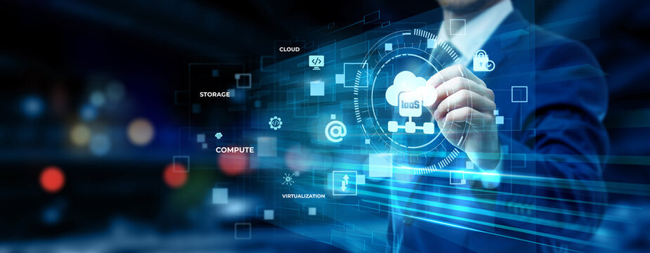 Businessman pointing at IaaS technology on futuristic digital interface screen, cloud infrastructure, virtual server management, enterprise IT solution, scalable computing concept