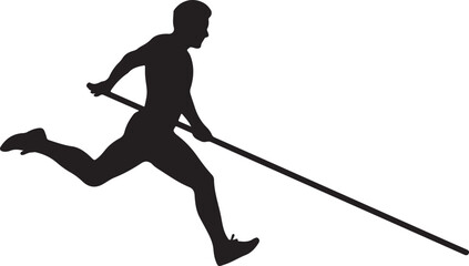A male athlete sprints forward with a long pole, preparing for a powerful pole vault jump