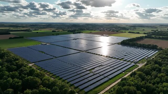 Sustainable Energy Future. Aerial view of a vast solar panel farm reflecting sunlight, perfect for environmental campaigns and renewable energy promotions.