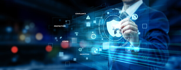 Fototapeta premium Businessman pointing at digital privacy technology on futuristic digital interface screen, data protection system, cybersecurity solution, user confidentiality management concept