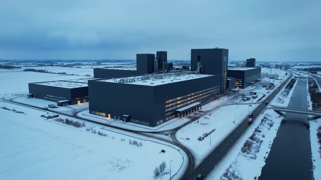 Modern Industrial Hub in Winter. Aerial view of a large factory complex with a highway and canal for logistics and infrastructure.