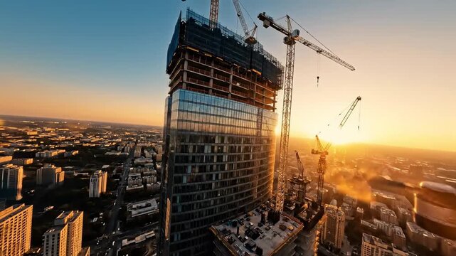Dynamic Aerial View of a Skyscraper Under Construction at Golden Hour, ideal for Urban Development and Architectural Projects.