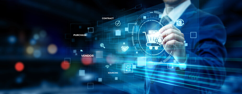 Businessman pointing at procurement management technology on futuristic digital interface screen, supply chain system, vendor analytics, enterprise purchasing solution concept