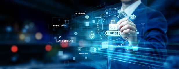 Businessman pointing at secure coding technology on futuristic digital interface screen, software...