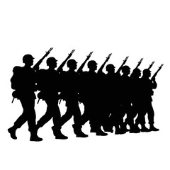 Obraz premium Silhouetted soldiers marching in a coordinated military formation with rifles and uniforms.