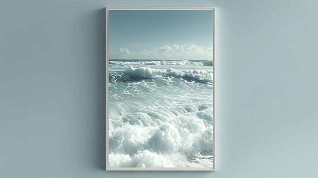 A vertical framed art piece depicts ocean waves with foamy crests under a pastel sky. The artwork is mounted on a solid blue-grey wall