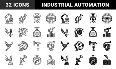 Fototapeta premium Hybrid automation and industrial robotics line icons featuring mechanical arms integrated with nature science finance and global logistics symbols
