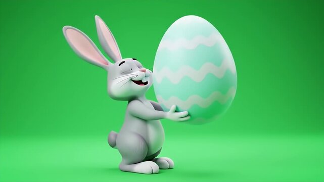Happy 3D Animated Easter Bunny Holding Egg 4K Green Screen Seamless Loop