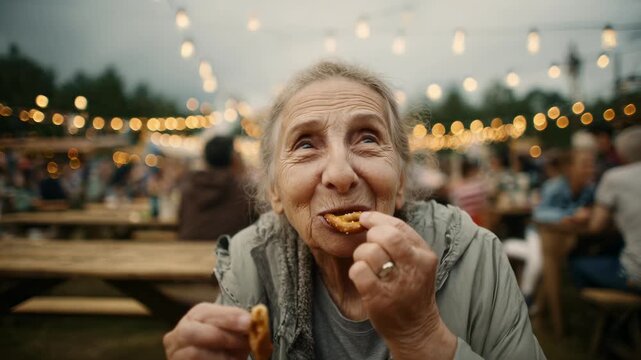 Charming senior woman enjoying a pretzel at an outdoor festival. Joyful moment with blurred background of people. Elderly female enjoys a snack. Bright lights create a festive mood.