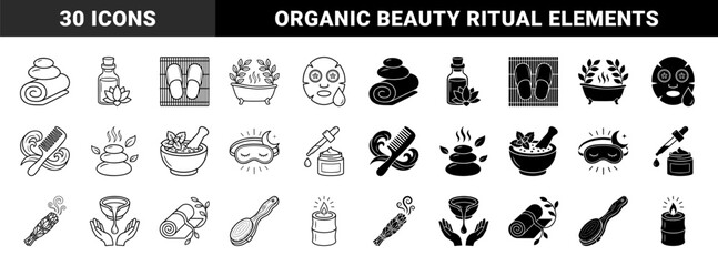 Minimalist Wellness and Holistic Spa Symbols Featuring Hybrid Elements Like Lotus Oil Bottles and Zen Stone Aromatherapy Combinations in Line and Solid Styles