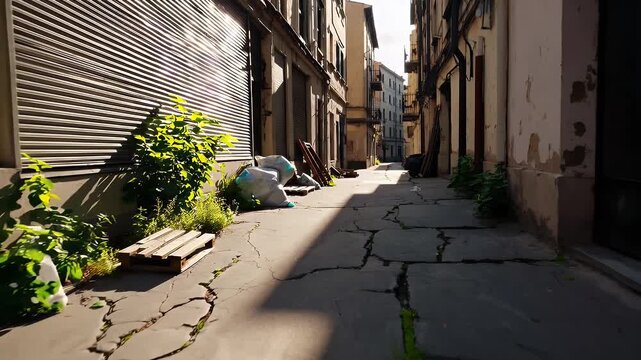 gritty 4k footage of a sunlit alleyway where trash bags and urban decay contrast with sprouting plants portraying nature&rsquo;s persistence amid neglected human environments in an atmospheric city setting