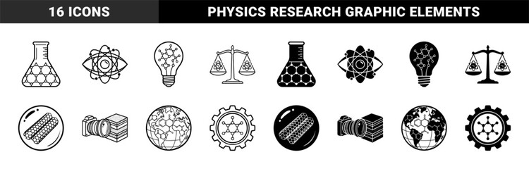 Fototapeta premium Scientific hybrid symbol collection featuring chemistry lab flasks with molecular lattices and atomic eye motifs in outline and solid styles