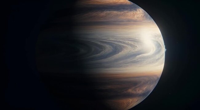 Cosmic ballet of gas giant planet's swirling clouds showcasing turbulent atmospheric patterns and vibrant orange