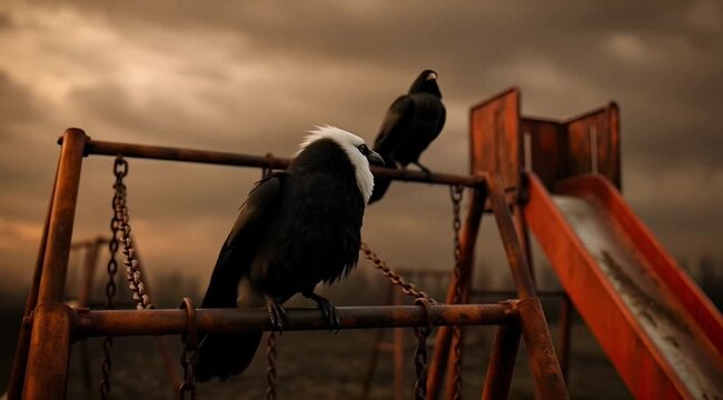 Two crows perched on a rusty swing set with an orange slide at a desolate playground during a dramatic sunset