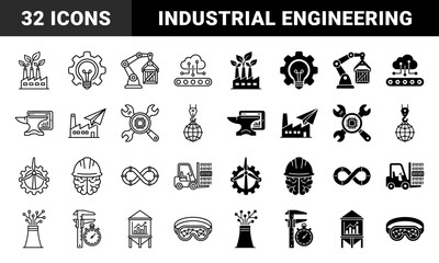 Industrial hybrid manufacturing and smart engineering symbols featuring dual outline and solid styles for factory automation and technical workflow concepts