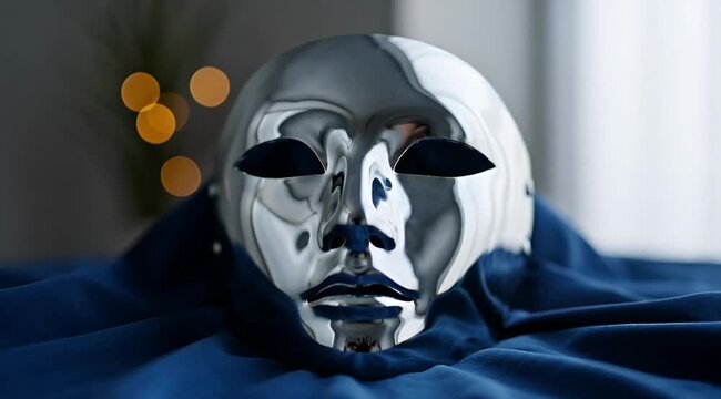 Mysterious silver mask with dark eye sockets and lips rests on a draped blue fabric evoking a sense of intrigue